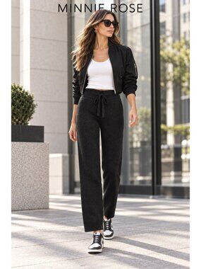 Minnie Rose 100% Cashmere Black Wide Leg Knit Pants Drawstring Size M